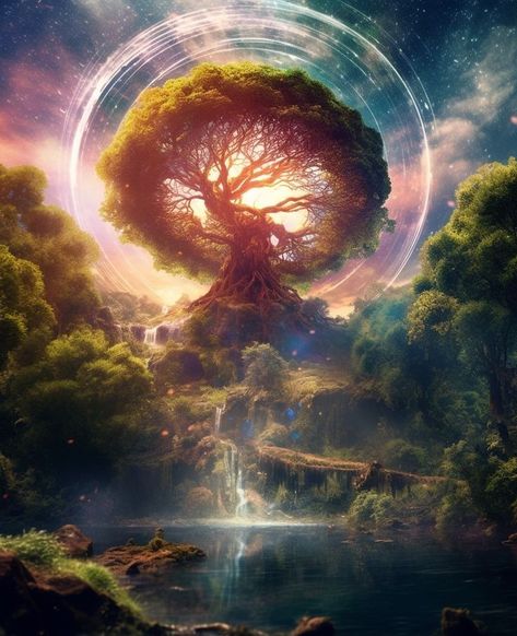 Magical Tree Concept Art, Great Tree Fantasy Art, Giant Tree Art, Tree Grove Landscape, Magical Tree Art, World Tree Fantasy Art, Tree Fantasy Art, Sakura Bonsai, Mural Garden