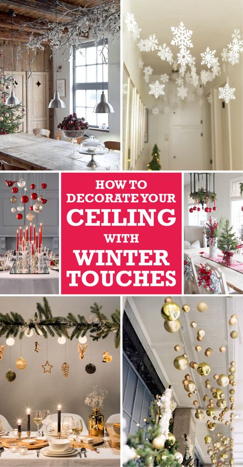 Basically, there are possible things that you can apply in decorating the ceiling. The first one is by hanging some ornaments there. Then, you can also install the chandelier or any other kind of lighting with the winter design of touch. If you want a more permanent one, you can paint the ceiling or simply apply the wallpaper in a winter theme. You may check the following references so that you can get inspiration. #ceilingdecoration #winterceilingdecoration #ceiling Hanging Icicle Lights From Ceiling, Ceiling Snowflake Decorations, Hanging Items From Ceiling, Christmas Decor For High Ceilings, Hang Lights From Ceiling, Hanging Light Christmas Decor, Garland On Ceiling Beams, How To Hang From Ceiling, Christmas Ornament Hanging Ideas