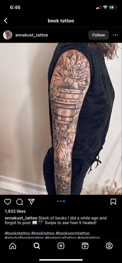 Reading Tattoo Sleeve, Floral Book Tattoo Sleeve, Book Themed Sleeve Tattoo, Half Sleeve Book Tattoos For Women, Books Sleeve Tattoo, Book Sleeve Tattoos For Women, Book Arm Sleeve Tattoo, Color Book Tattoo, Nerdy Tattoo Sleeve