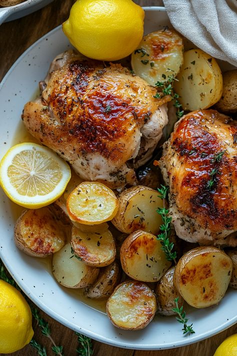 🍋 Greek Lemon Chicken and Potatoes 🥔 A one-pan Mediterranean masterpiece! Crispy, juicy chicken thighs paired with tender, lemony potatoes, garlic, and oregano. Perfect for weeknight dinners or cozy family meals. Ready in just 40 minutes! 🕒✨ #GreekCuisine #LemonChicken #OnePanMeal #MediterraneanRecipes #ComfortFood #EasyDinnerIdeas Baked Lemon Chicken And Potatoes, Lemony Chicken And Potatoes, Greek Lemon Chicken And Potatoes In Oven, Lemon Roasted Chicken And Potatoes, Chicken Thighs And Potatoes In Oven, One Pan Chicken Thigh Dinner, Greek Chicken Potatoes, Recipes With Chicken And Potatoes, Lemony Potatoes