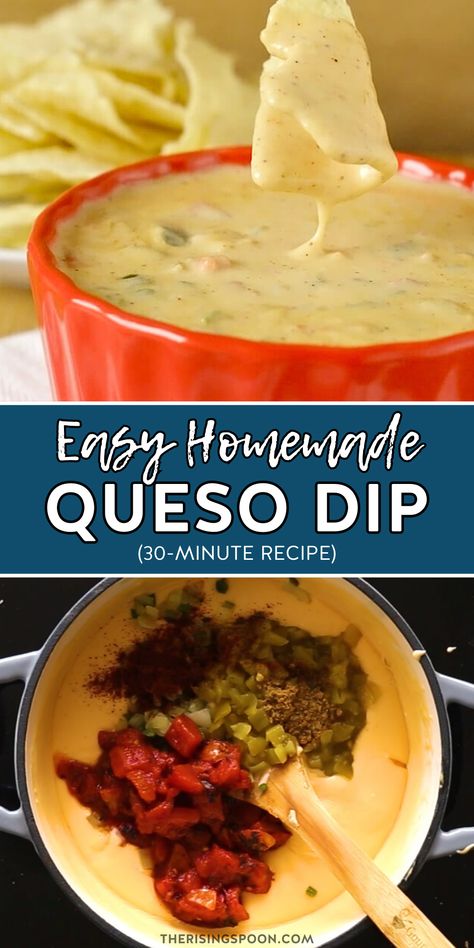 Learn how to make delicious homemade queso dip on your stovetop in only 30 minutes! This recipe is easy and uses simple ingredients like real cheese (no Velveeta), diced tomatoes & canned green chiles, poblano, jalapeno, onion, garlic, half & half, and more. So much better than the stuff in the jar (tostitos)! Serve this appetizer for game day football, fall parties & holidays, New Year's eve gatherings, and cinco de mayo celebrations. TIP: Transfer it to a 1.5 quart slow cooker to keep warm! Cheese Dip Queso, Quick Queso, Queso Homemade, Mini Crockpot Queso Dip, Queso Dip Stove Top, Copycat Queso Dip Restaurant Recipes, Cheese Dip Velveeta, Queso Salsa Dip, Tostitos Dip Recipes