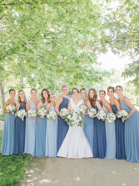 Bridesmaid Dresses In Different Shades Of Blue, Carolina Blue Wedding Colors, Flowers With Blue Bridesmaid Dresses, November Bridesmaids, Mismatch Blue Bridesmaid Dress, Different Blue Bridesmaid Dresses, Blue Color Wedding Theme, Blue Mix And Match Bridesmaid Dresses, Blue Wedding Bridesmaid Dress