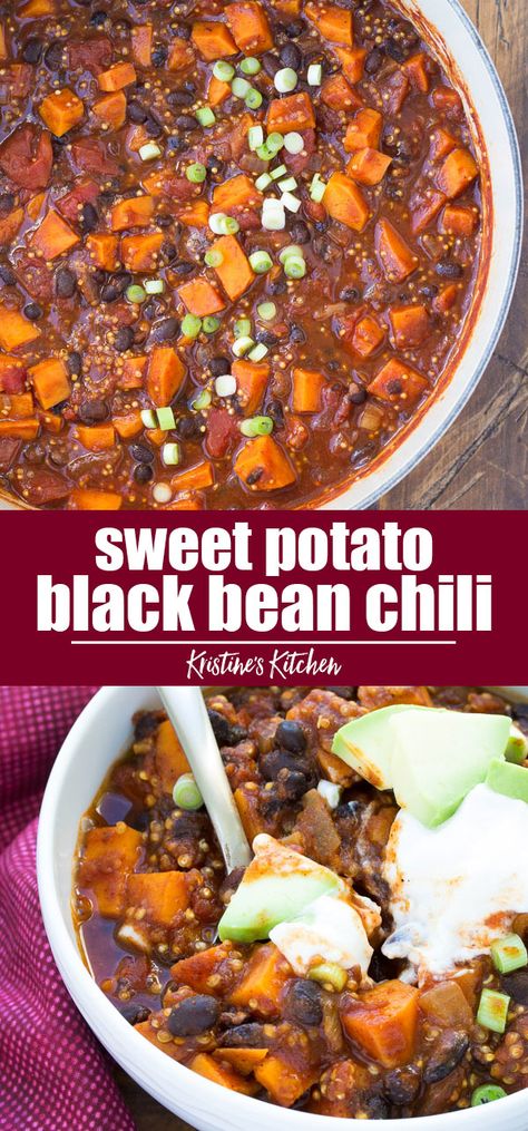 Vegan Chili Recipe Easy, Black Bean Sweet Potato Quinoa Chili, Sweet Potato Bean Chili, Sweet Potato And Black Beans Recipes, Fall Vegetarian Chili, Easy Chile Beans Recipe, Chilli Recipe Vegan, Vegan Chili Recipe Sweet Potato, Vegan Chili With Sweet Potatoes