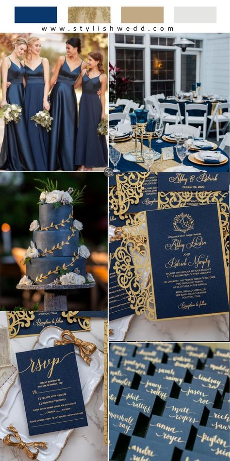 Gold Themed Wedding, Elegant Wedding Colors, Blue And Gold Wedding, Wedding Theme Color Schemes, Blue Gold Wedding, Starry Night Wedding, Wedding Color Pallet, Gold Wedding Theme, Colors Wedding