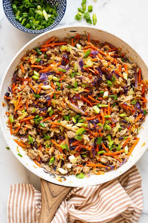 Ground Turkey Egg Roll in a Bowl (15 Minutes) - iFoodReal.com Eggs And Ground Turkey, Asian Ground Turkey Bowl, Ground Turkey And Coleslaw, Egg Roll In A Bowl With Ground Turkey, Asian Turkey Bowl, Ground Turkey Egg Roll In A Bowl, Easy Ground Turkey Meal Prep, Ground Turkey One Pot Meal, Turkey Egg Roll In A Bowl