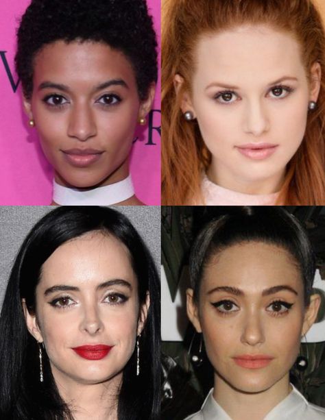 headshots of jourdana phillips, Madelaine Petsch, krysten ritter, and emmy rossum, all who have the dramatic gamine ingenue style type Dramatic Ingenue Essence, Gamine Face, Boyish Aesthetic, Gamine Makeup, Gamine Essence, Dark Ethereal, Dramatic Gamine, Ingenue Essence, Ethereal Dramatic