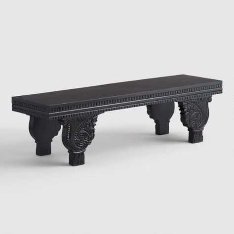 Black Carved Wood Low Bench | World Market Decorative Bench Ideas, Stool Painting Ideas, Stool Painting, Country Bench, Low Bench, How To Make Decorations, Bench Decor, Dehradun, Upholstered Ottoman