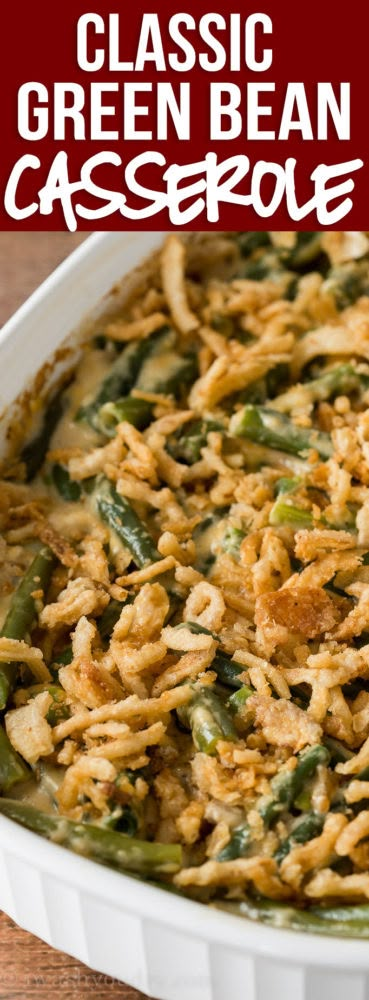 YUM! This Classic Green Bean Casserole Recipe is made with fresh green beans and a surprise ingredient that sends it over the top! Thanksgiving Diner, Crockpot Green Beans, Green Bean Casserole Crock Pot, Best Green Bean Casserole, Slow Cooker Green Beans, Classic Green Bean Casserole, Green Bean Casserole Recipe, Green Bean Casserole Easy, Vegan Green Bean Casserole