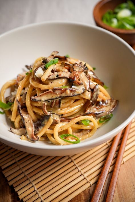 30-Minute Miso Mushroom Bucatini - Chasing Cravings Pasta Favors, Seafood Spaghetti, Mushroom Carbonara, Mushroom Cream Sauces, Cozy Dinners, Cherry Tomato Pasta, Bacon Stuffed Mushrooms, Spaghetti Recipe, Mushroom Pasta