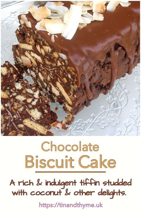 Chocolate Biscuit Cake. A rich and indulgent chocolate tiffin, also known as biscuit cake or fridge cake. Studded with coconut and flavoured with coconut liqueur, this chocolate biscuit cake is a not overly sweet adult version of a children’s classic. Makes a fabulous birthday cake. #TinandThyme #BiscuitCake #ChocolateFridgeCake #ChocolateTiffin #ChocolateandCoconut Biscuits Cake Recipe, Chocolate Tiffin, Romanian Dishes, Cornish Kitchen, Chocolate Fridge Cake, Tiffin Recipes, No Bake Slices, Coconut Liqueur, Fridge Cake