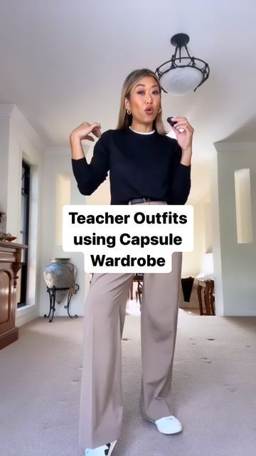 Outfits For School Teachers Work Clothes, Work At School Outfit, Sneakers For Dress Pants, Black Wide Leg Pants Loafers, White Pants Sneakers Outfit, Wide Leg Trouser With Sneakers, Wide Leg Trousers Outfit Sneakers, Sneakers With Dress Pants Women, Wide Leg Pants White Sneakers