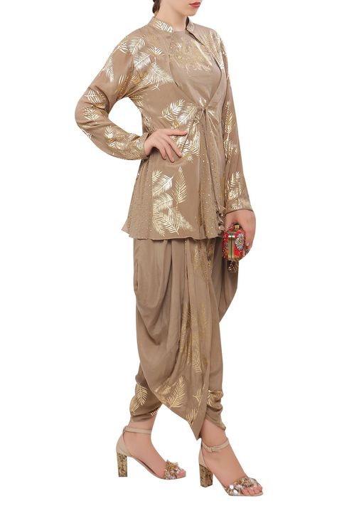 Shop for Nikasha Beige Printed Jacket Kurta And Dhoti Pant Set for Women Online at Aza Fashions Dhoti Outfits Women, Dhoti Kurta Women, Kurti With Dhoti Pants, Cowl Pants, Dhoti Dress, Dhoti Salwar Suits, Kurta With Dhoti, Latest Saree Trends, Dhoti Salwar