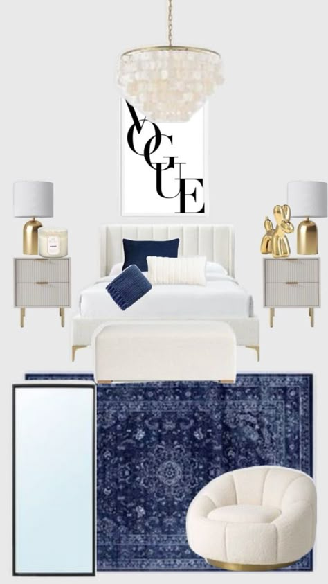 Low Budget Home Decor, Blue And Gold Bedroom, Blue Room Decor, White Room Decor, Coastal Room, Budget Home Decor, Dorm Inspo, Serena And Lily, Preppy Room Decor