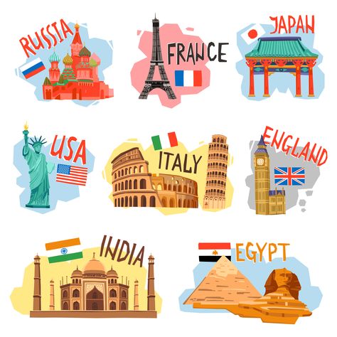 Around The World Theme, Travel Flats, Travel Clipart, World Party, Travel Stickers, Tour Posters, Famous Landmarks, Seamless Background, Travel Themes