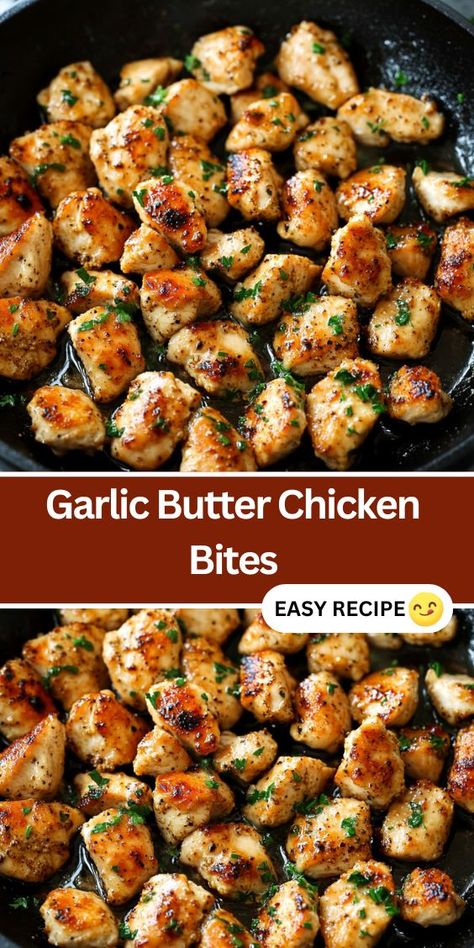 Looking for a quick and flavorful chicken recipe? These 15-Minute Garlic Butter Chicken Bites are easy to make in just one pan. With tender chicken cooked in a garlic butter sauce and fresh herbs, this recipe is perfect for busy weeknights. Save this simple and delicious dish for your next dinner idea. Health Chicken Recipes Clean Eating, Yummy Chicken Seasoning, Skillet Chicken Bites Recipes, Garlic Butter Chicken Bites Food And Wine, Chicken Recipes Garlic Butter, Lemon Garlic Butter Chicken Bites, Recipes With Chicken Bites, Chicken Garlic Bites, Chicken Bites And Potatoes