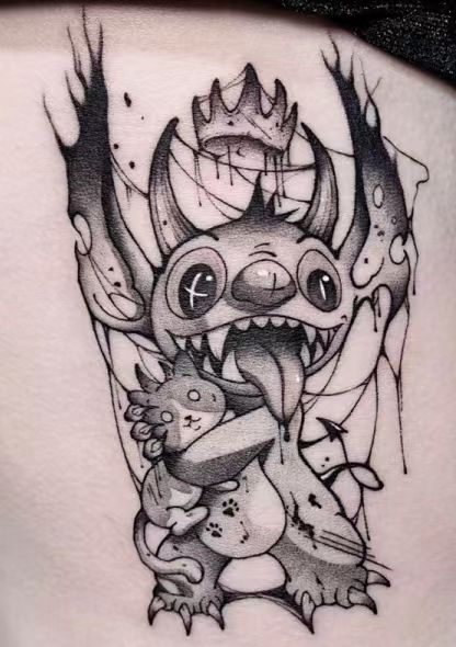 Stitch Tatoos Ideas, Disney Horror Tattoos, Black Witch Tattoo, Gothic Disney Tattoo, Gaming Tattoos For Men, Easy Tattoo Sketches, Demonic Tattoo Designs, Dark Fairy Tattoo Designs, Demon Woman Tattoo