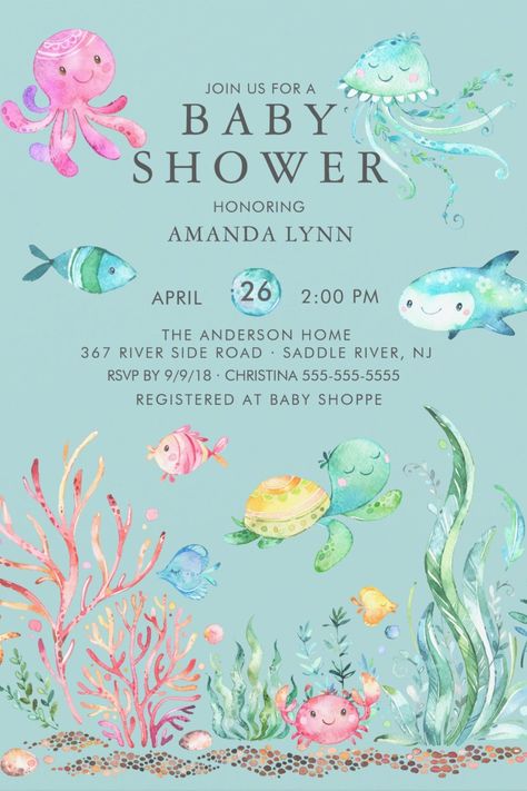 Cute Under the Sea Baby Shower Invitations Ocean Themed Baby Shower Ideas Girl, Sea Baby Shower Theme, Baby Shower Games Girl, Shark Baby Shower, Baby Shower Ideas Boy, Gender Neutral Baby Shower Ideas, Neutral Baby Shower Ideas, Ocean Baby Showers, Woodland Forest Animals