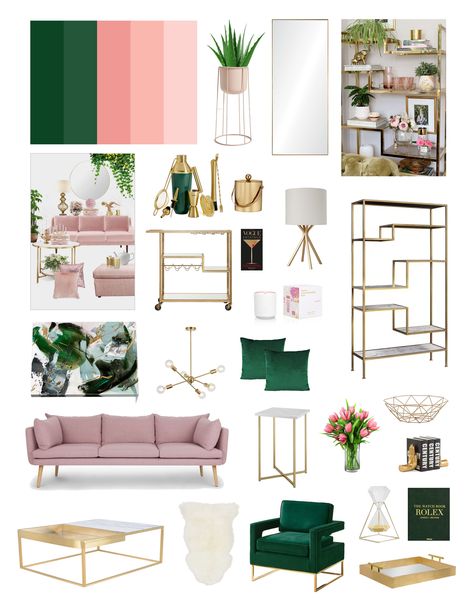 Emerald green & blush pink color scheme with hints of gold and white. Green Living Room Mood Board, Pink Green Living Room, Living Room Mood Board, Room Mood Board, Green Living Room, Deco Rose, Salon Interior Design, Living Room Green, Green Rooms