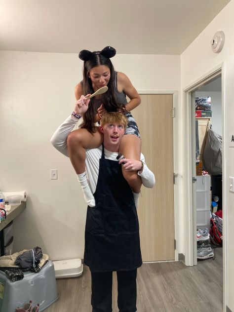 Remy And Alfredo Costume, Remy And Chef Costume, Rattitoue Costume, Remi And Linguini Costume Couple, Remi And Chef Costume, Linguini And Remy Halloween Costume, Ratatouille And Linguini Costume, Ratatoullie Couple Costume, Remy And Linguine Costume