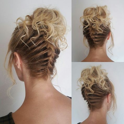 Upsidedown braid with curls.. Upside Down Braided Hairstyles, Upside Down Braid Updo, Upside Down Braid Bun, Inverted French Braid, Braid With Curls, Inverted Braid, Upside Down French Braid, Curly Hair Up, Guest Hairstyles