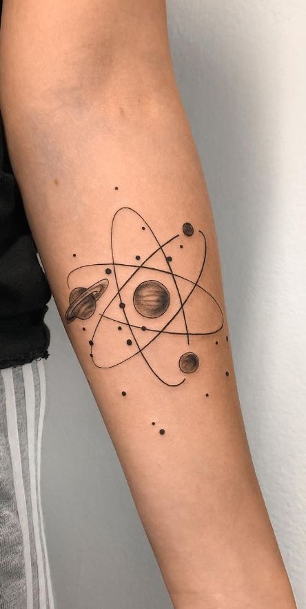 Atom Universe Tattoo, Universe Tattoo Women, Atom Tattoo Design, Physics Tattoo Ideas, Astrophysics Tattoo, Philosophical Tattoos, Tattoos Science, Science Tattoo Ideas, Universe Tattoo Ideas