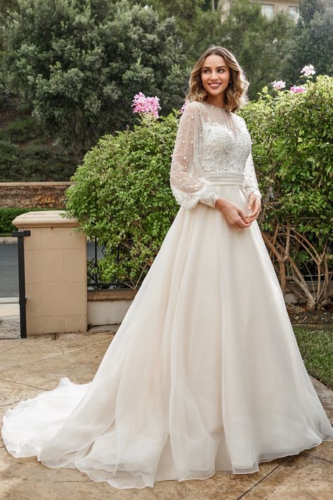 T232070 Retro Romantic Ball Gown with Softly Gathered Tulle Illusion Jewel Neckline and Bishop Sleeves with Pearls Dream Wedding Ideas Dresses, Wedding Dress Couture, Modest Wedding, Jewel Neckline, A Wedding Dress, Modest Wedding Dresses, Ball Gown Dresses, Wedding Mood, Gown Wedding