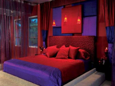 red and blue room Blue Bedroom Paint, Red Headboard, Blue Bedroom Colors, Red Bedroom Design, Romantic Bedroom Design, Red Bedroom, Purple Bedrooms, Blue Bedroom Decor, Purple Bedroom