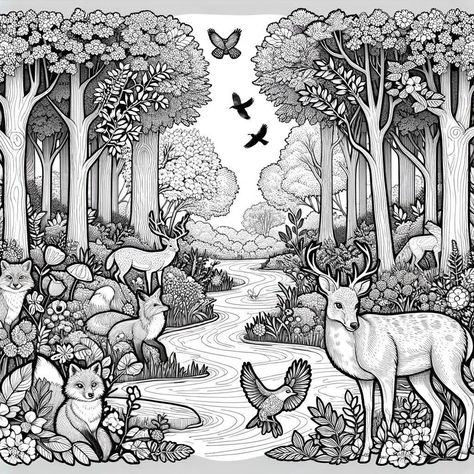 Discover the beauty and tranquility of nature with our collection of black and white line illustrations featuring serene forest scenes. Each page showcases a variety of wildlife, including deer, foxes, and birds, surrounded by lush trees, blooming flowers, and flowing streams. These slightly detailed designs capture the essence of a peaceful forest, providing an engaging and relaxing coloring experience for enthusiasts of all ages. Fairy Forest Coloring Pages, Forest And Animals Drawing, Deer Clipart Black And White, Nature And Wildlife Drawings, Nature And Animals Drawing, Forests Drawings, Forest Art Drawing, Forest Drawing With Animals, Lake Coloring Pages