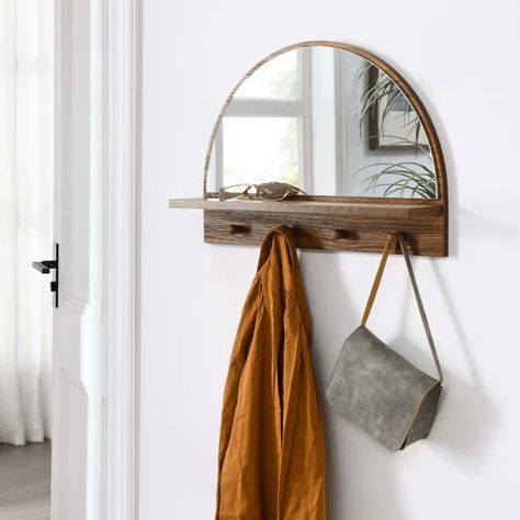 Mercer41 Schuyler Arch Wall Mirror with Hooks 20x31 Natural | Wayfair Arched Wall Mirror, Entryway Hooks, Arched Wall, Wall Mirror With Shelf, Entryway Wall Decor, Entryway Mirror, Mirror With Hooks, Arched Mirror, Entryway Wall