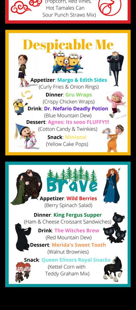 Disney Movie Meal Ideas, Disney Themed Movie Night Snacks, Dinner Based On Movies, Disney Movie Night Theme Food, Disney Meal Ideas, Disney Movie Night Food Ideas, Disney Themed Potluck, Movie Night Meal Ideas, Disney Dinner Themes