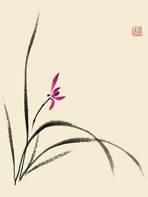 Zen Painting Ideas, Chinese Painting Flowers, Japanese Ink Painting, Zen Painting, Korean Painting, Sumi E Painting, Japanese Watercolor, Watercolor Flowers Tutorial, Chinese Art Painting