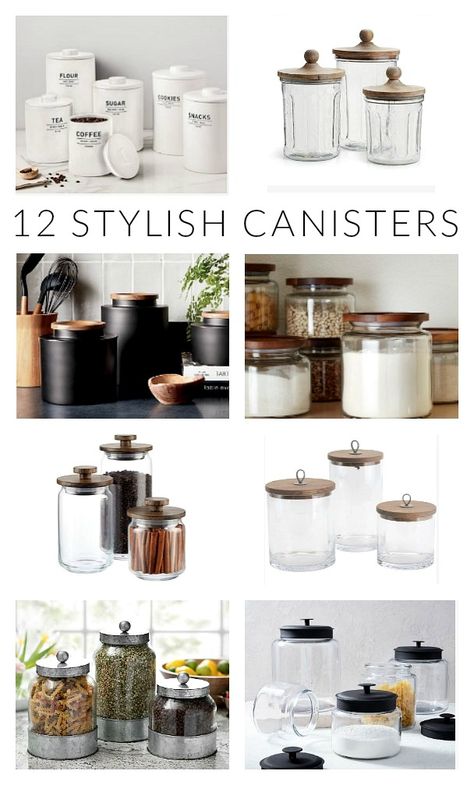 Cannister Ideas Kitchen Diy, Kitchen Counter Canister Ideas, Glass Canister Decor Ideas, White Canisters For Kitchen, Kitchen Canisters On Counter Display, Kitchen Jars Decor Display, Kitchen Canisters On Counter, Cannister Ideas Kitchen, Kitchen Counter Canisters