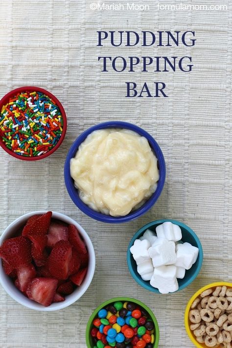 Easy Pudding Topping Bar #puddinglove Pudding Bar Ideas, Pudding Toppings, Dessert Recipes For Family, Pudding Bar, Parfait Bar, Easy Dessert Idea, Dessert Recipes For A Crowd, Easy Pudding, Easy Puddings