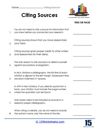 True or False Citing Sources Worksheet - 15 Worksheets.com Mla Citation, Citing Sources, Coloring Pages Winter, True Or False, Research Skills, The Worksheet, Activities Worksheet, Academic Research, Educational Worksheets