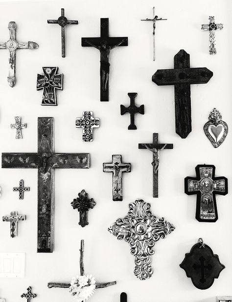 Creating a Gallery Wall Cross Wall Collage, Collage Walls, Create A Gallery Wall, Rough Luxe, Cross Wall Decor, Cross Art, Goth Decor, Spotify Apple, Crosses Decor