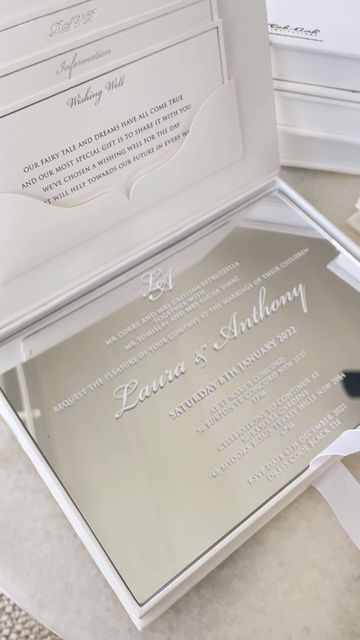 Luxury Wedding Invitations on Instagram: "LAURA ✨ Upgrade any of our designs with an acrylic invitation inside. Acrylic colours available in gold, silver, frosted or clear.• An absolute fairy tale wedding for our couple Laura + Anthony. Our boxes are the premium option available for our clients, if you are interested in customising a design unique for your event please get in touch to chat about all things colours, textures and style.• International delivery available ✈️ 🌎• Express turnaround Acrylic Invitation Box Design, Boxed Wedding Invitations Luxury, Extravagant Wedding Invitations, Lux Wedding Invitations, Extra Wedding Invitations, Expensive Wedding Invitations, Luxury Wedding Invitations Box, Luxe Wedding Invitations, Concrete Wedding