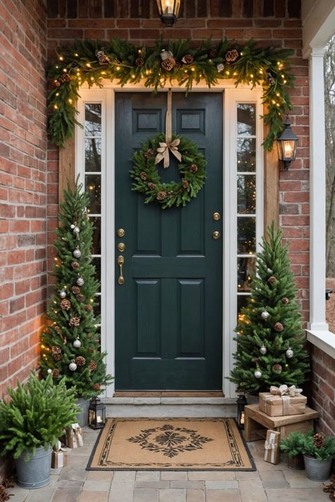 Greenery Around Front Door Christmas, Exterior Door Christmas Decor, Christmas Decorations Modern House, Xmas Front Porch Decor, Modern Exterior Christmas Decor, Christmas Small Front Porch Ideas, Front Entry Christmas Decorating Ideas, Christmas Decor House Exterior, Christmas Door Ideas For Home Entrance