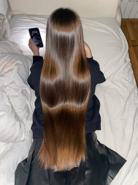 Long Hair Knee Length, Long Silky Brown Hair, Long Hair Aesthetic Straight, Long Hair Silky, Long Hair To Waist, Waist Hair Length, Hair Long Healthy, Long Fine Hair, Hair Aesthetics