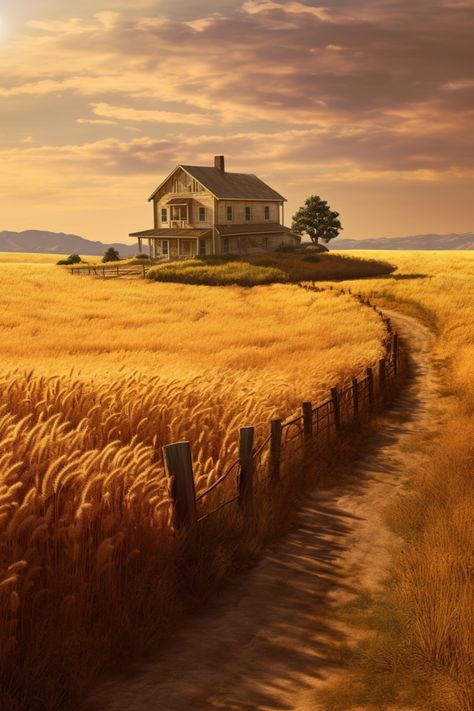 Immerse yourself in the enchanting charm of this realistic fantasy artwork featuring an old farmhouse nestled in a golden wheat field. Experience the soothing essence of light orange hues and delicately rendered landscapes, evoking the spirit of American romanticism. Discover the essence of rural beauty and be captivated by the artistic illustration reminiscent of Mike Campau's style. #GiveMeMood #OldHouse #WheatField #Path #RealisticFantasy #LightOrange #Gold #BathroomEssentials American Romanticism, Golden Wheat Field, Fantasy Fields, Africa Art Design, Golden Wheat, Farm Field, Wheat Field, Farm Art, Orange And Gold