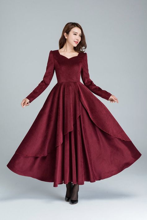 Wine Red Dress, Robes Vintage, Party Dress Wedding, Dress Layered, Long Sleeve Cocktail Dress, Red Cocktail Dress, Layered Dress, Maxi Dress Cocktail, Corduroy Dress