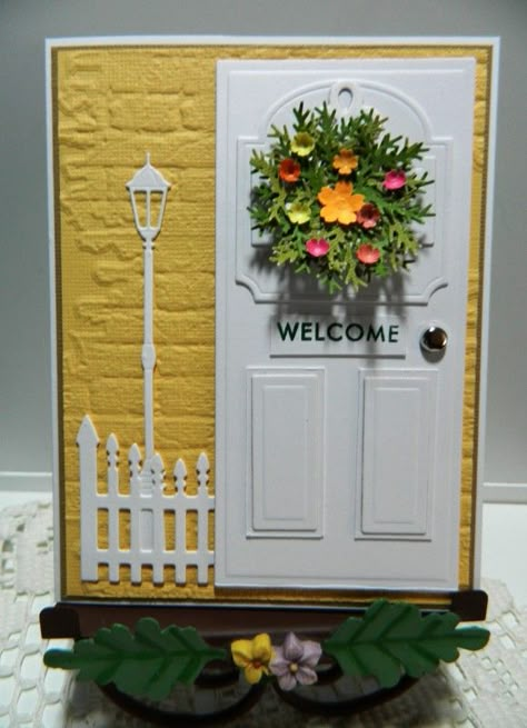 Welcome Cards Handmade, House Warming Cards Handmade, Door Cards Handmade, New Home Cards Ideas, Welcome Card Ideas Handmade, Cards With Doors On Them, Door Card, Spellbinders Door Cards, Welcome Cards