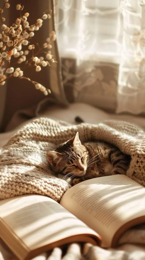 Relaxing Wallpaper Aesthetic, Neutral Fall Aesthetic, Books And Cats, Cats And Books, Cozy Aesthetic, Cat Aesthetic, Jolie Photo, Autumn Vibes, Autumn Cozy