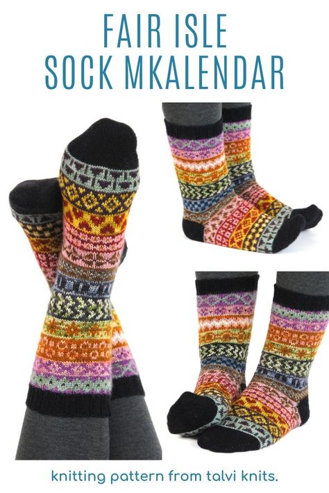 Knit your way into the holiday spirit with the Fair Isle Sock MKALendar! Create stunning colorwork socks in just 25 days using sock yarn leftovers, scraps, half-a skeins, unicorn tails, or advent calendar minis. Knit a pair of mid-calf or knee-high socks using as many colors as you want. The pattern comes in 5 sizes with lots of customization options for adjusting foot length, leg length, and leg circumference. #knitting #fairisle #mkal #sockknitting #colorwork Fair Isle Socks Pattern, Stranded Knitting Patterns Free, Knitting Patterns Socks, Colorwork Socks, Stranded Colorwork Knitting, Stranded Knitting Patterns, Colorwork Knitting Patterns, Socks Knitting Pattern, Fair Isle Socks