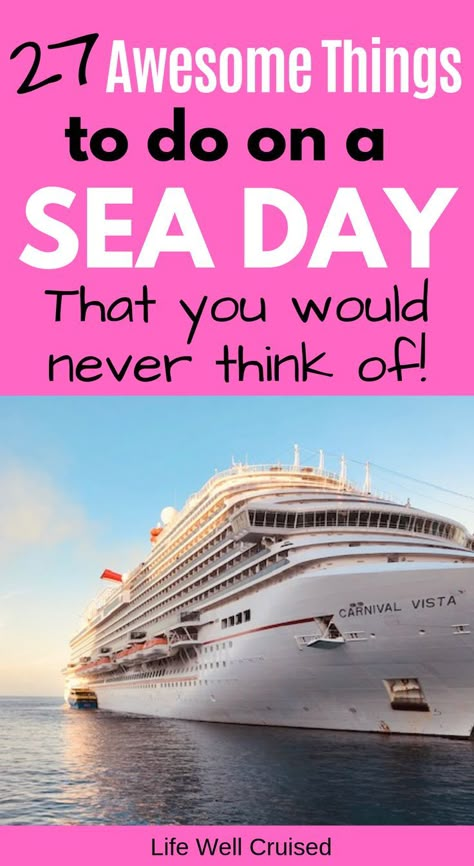 A seriously great list of the best things to do on a cruise on sea days! Whether you like to be active, have scheduled activities or find some quiet things to do (taking care just of you), or are looking for family activities - days at sea can be amazing! Find out what you need to know, before you cruise! #seadays #cruiseactivities #cruisetips #cruising #cruiselife #cruisefirsttime Embarkation Day, Carnival Cruise Tips, Cruise Activities, Cruise Hacks, Cruise Packing Tips, Carribean Cruise, Cruise Life, Cruise Essentials, Cruise Ideas