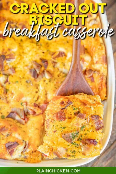 Cracked Out Biscuit Breakfast Casserole - Plain Chicken Frozen Biscuit Breakfast Ideas, Frozen Biscuit Breakfast Casserole, Frozen Biscuits Ideas, Biscuit Breakfast Casserole, Frozen Fruit Salads, Canned Bacon, Biscuit Breakfast, Biscuit Casserole, Cracked Out