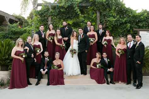 Maroon And Black Wedding Flowers, Bridesmaids And Groomsmen Burgundy, Wedding Black And Burgundy, Burgundy Wedding Party Groomsmen, Burgundy Wedding Theme Groomsmen, Black And Burgundy Wedding Party, Wedding Party Burgundy, Burgandy Bridesmaids Dresses, Burgundy Theme Wedding