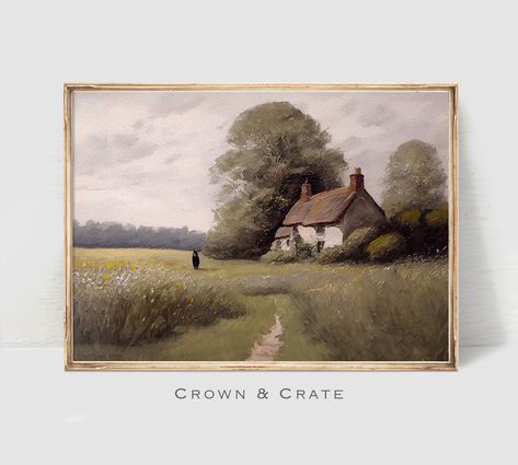 Vintage Cottage Painting, Country Home Artwork, English Cottage Painting, Cottage Landscape Painting, Cottage Oil Painting, Cottage Core Landscape, French Country Art, Countryside Art, Cottage Painting