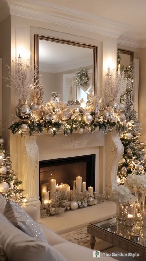 45 Enchanting Christmas Mantel Decor Ideas to Transform Your Home - The Garden Style Christmas Decor Ideas For Garden, Christmas Decorative Tray Ideas, Fireplace Decor Ideas Christmas, Luxury Holiday Decor, Christmas Luxury Decorations, Luxury Home Christmas Decor, Christmas Fireplace Mantels Ideas, Luxe Christmas Decor Ideas, Luxury Christmas Decor Interior Design