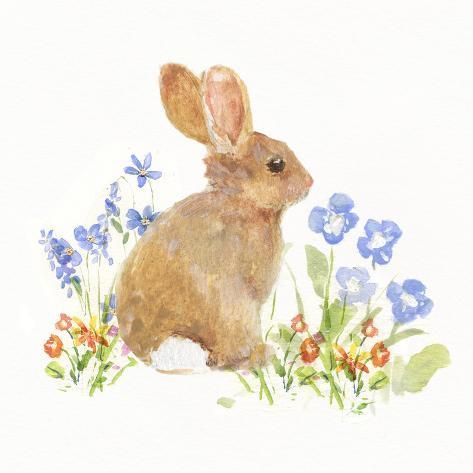 size: 12x12in Art Print: Easter Bunny Surprise by Sally Swatland : Watercolor Bunny With Flowers, Velveteen Rabbit Art, Spring Time Illustration, Easter Digital Art, Watercolor Calendar Ideas, Bunny Painting Easy, Easter Watercolor Paintings, Nursery Paintings Canvas, Spring Watercolors