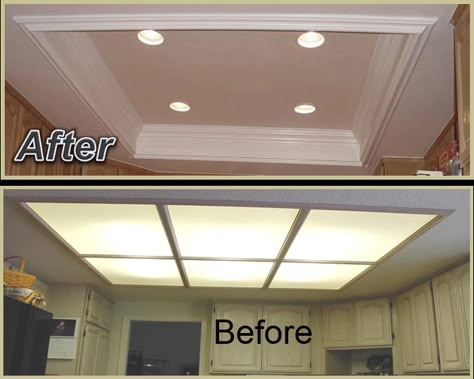 Recessed Kitchen Lighting – Appleton Renovations Kitchen Coffered Ceiling, Recessed Kitchen Lighting, Kitchen Lighting Remodel, Ceiling Remodel, Lighting Makeover, Drop Ceiling Lighting, Kitchen Lighting Ideas, Drop Ceiling, Dropped Ceiling